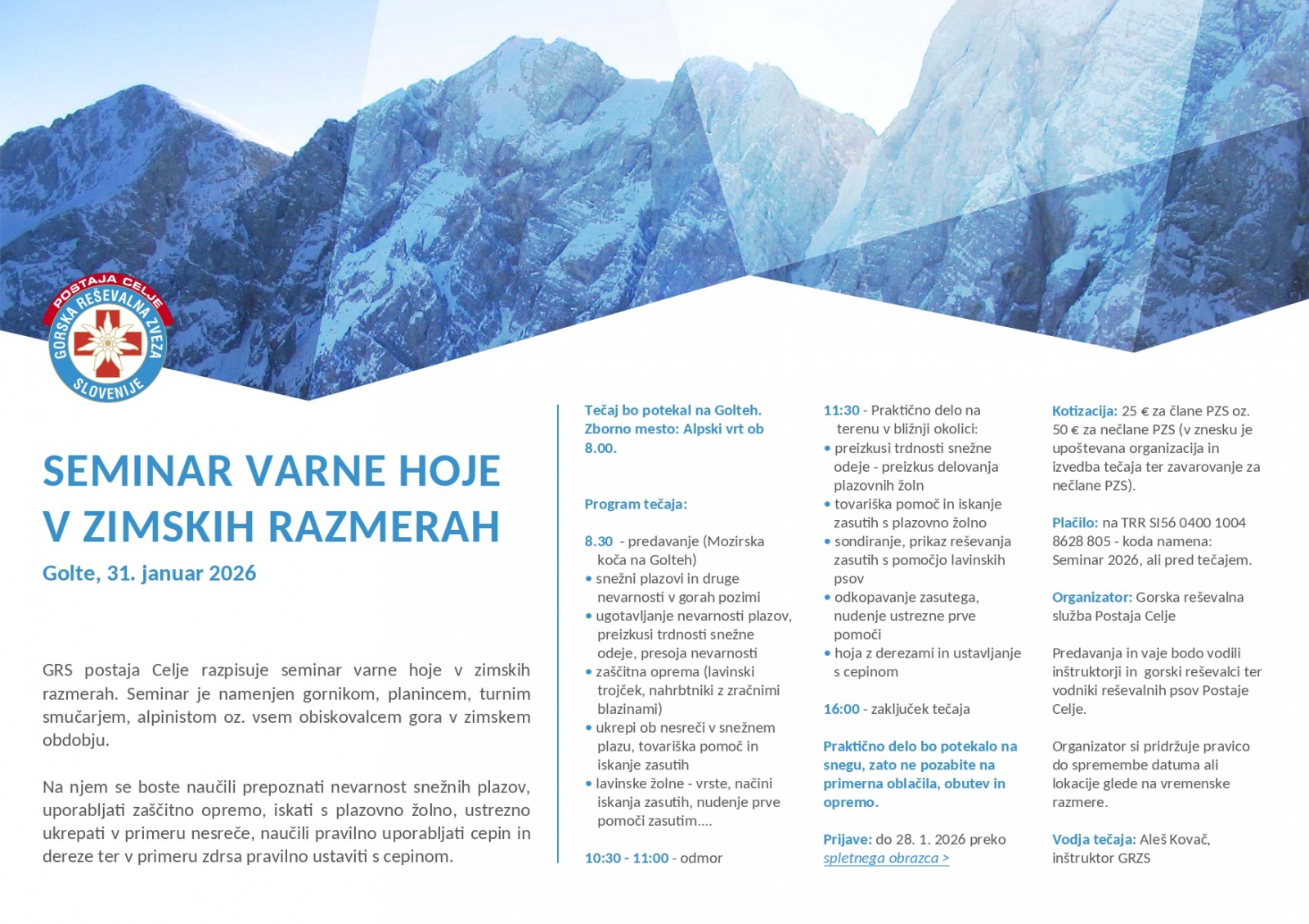 Vabilo GRS Celje na Seminar varne hoje v zimskih razmerah